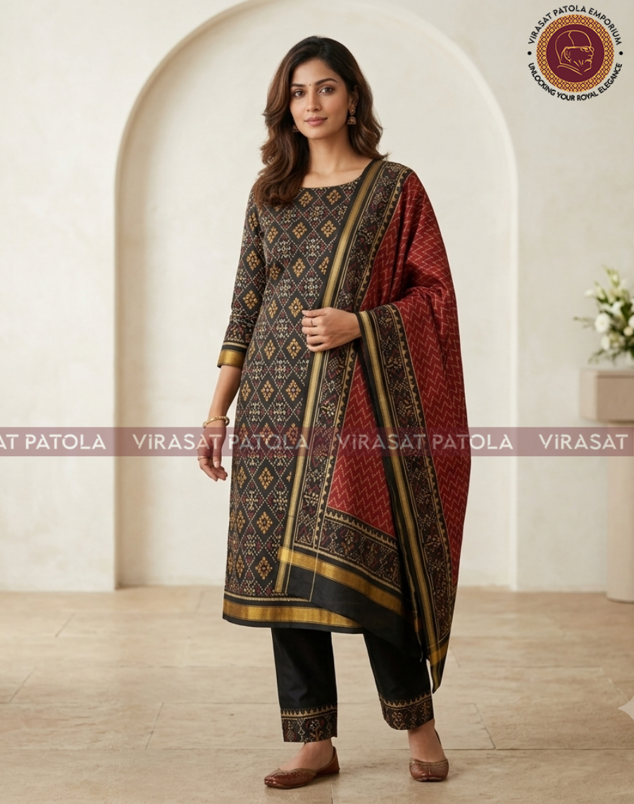 3 Piece Black Maroon Unstiched Patola Dress Material