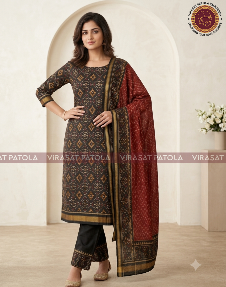 3 Piece Black Maroon Unstiched Patola Dress Material