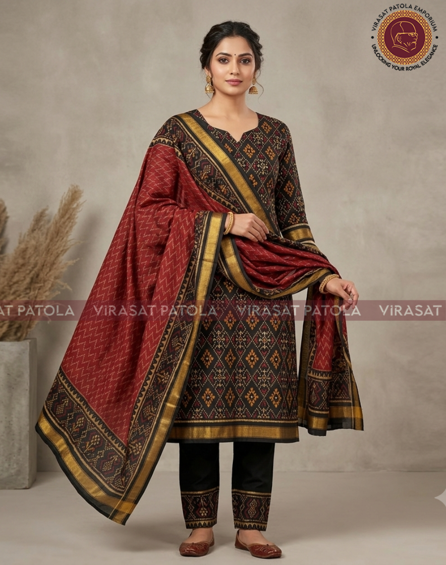 3 Piece Black Maroon Unstiched Patola Dress Material