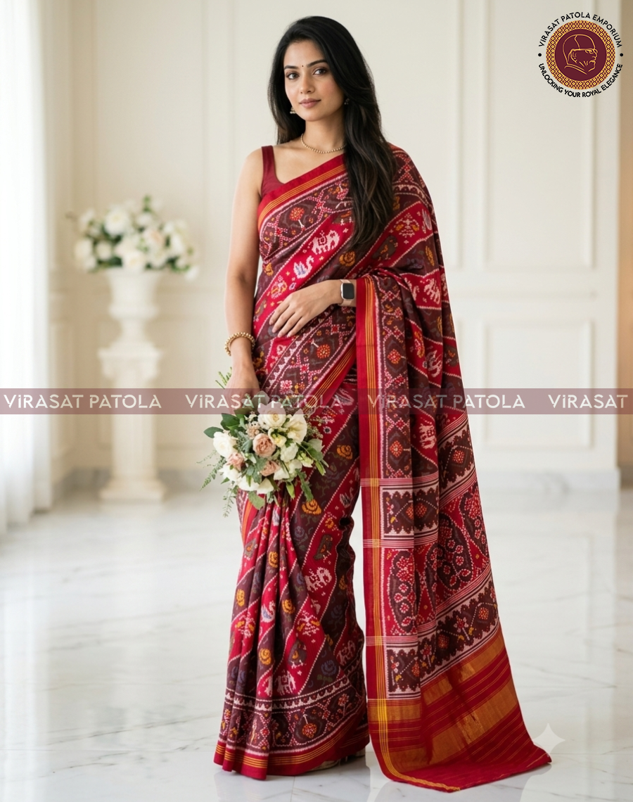 Red patola saree with ornate panel motifs and gold-trimmed pallu, standing drape