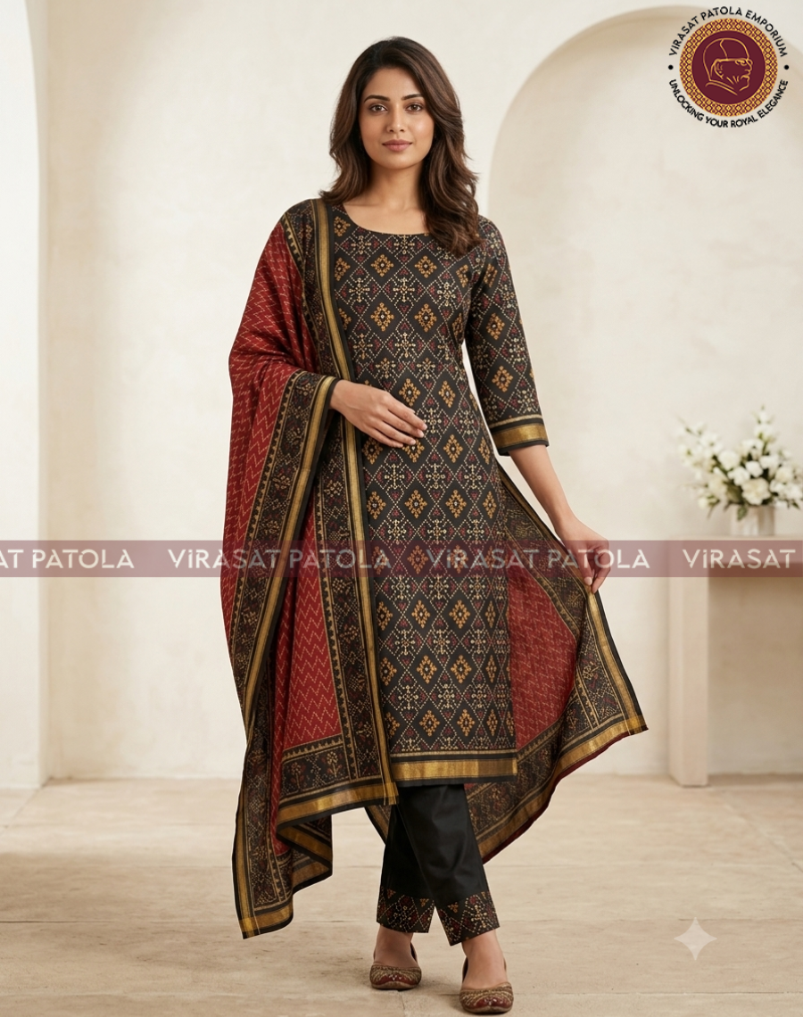 3 Piece Black Maroon Unstiched Patola Dress Material