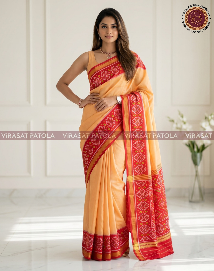 Mustard yellow saree with red patterned border and draped pallu with geometric motifs