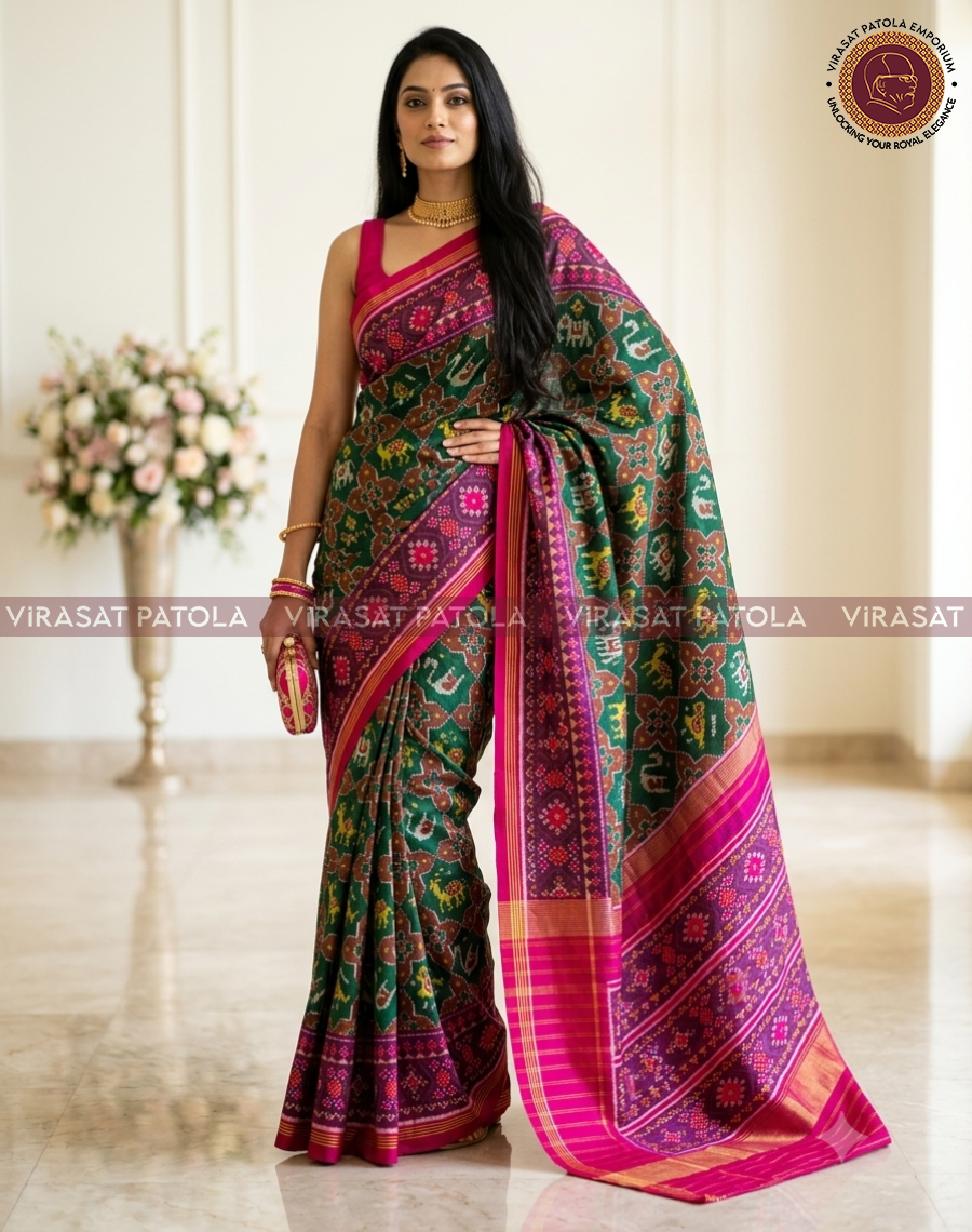 Teal patola-style saree with magenta border, patterned pallu, and pleated drape