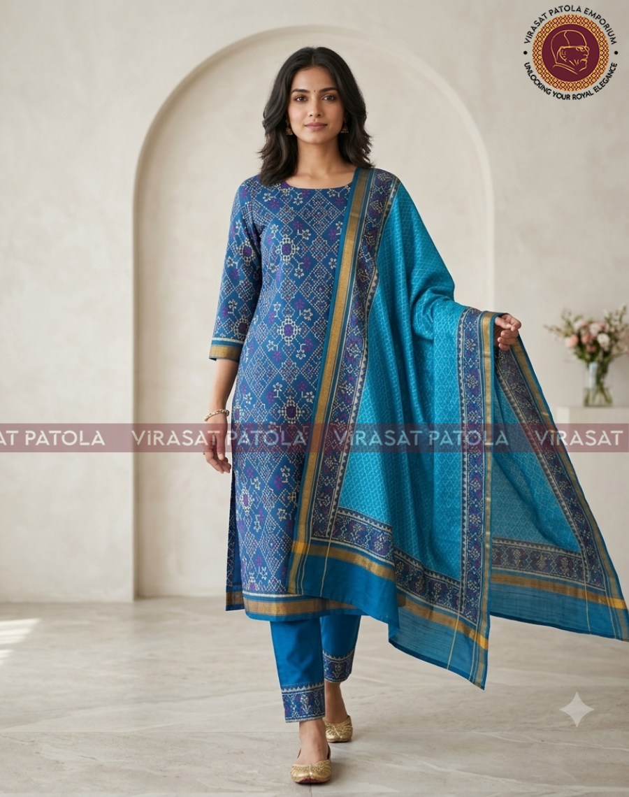 3 Piece Blue Manekchowk Patola Dress Material