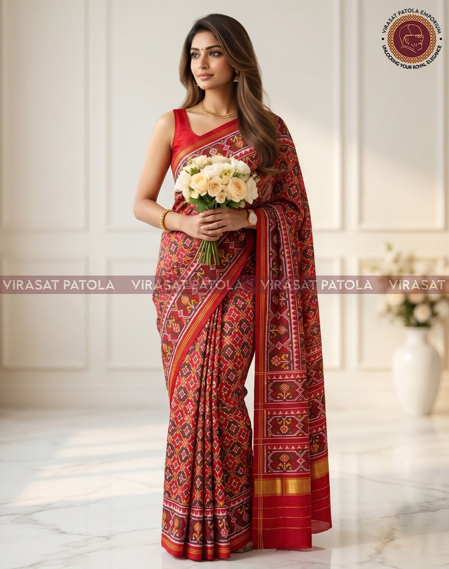 Red patola saree with geometric motifs and gold border, held with bouquet