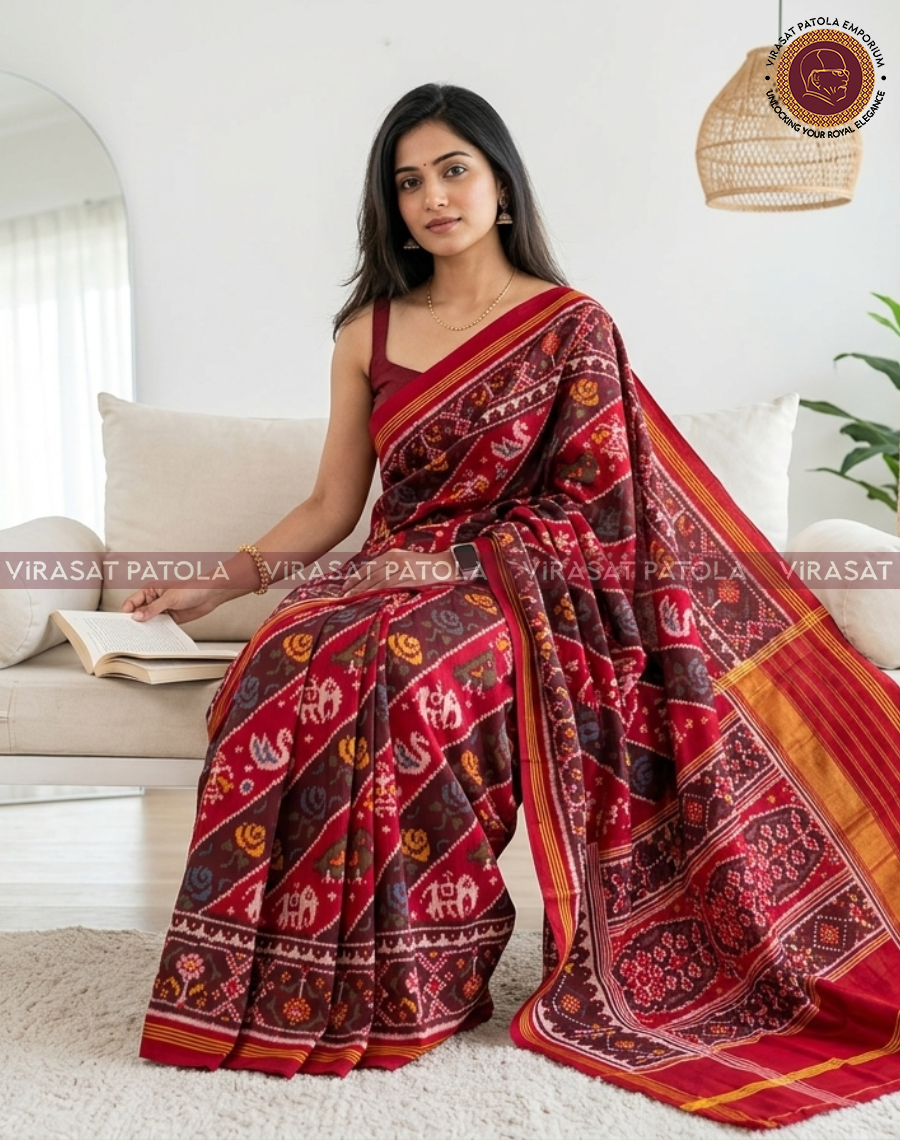 Red patola saree with patterned pallu and gold border, draped with pleats