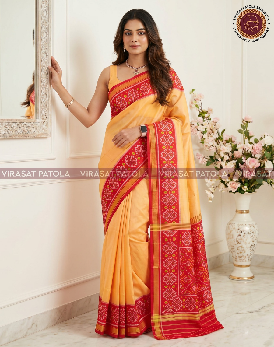Mustard yellow saree with red woven border and all-over diamond motif pallu