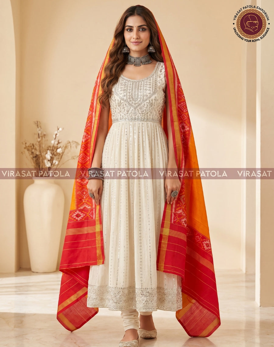 Red and orange patola dupatta with gold border and motif panel, draped beside a white kurta