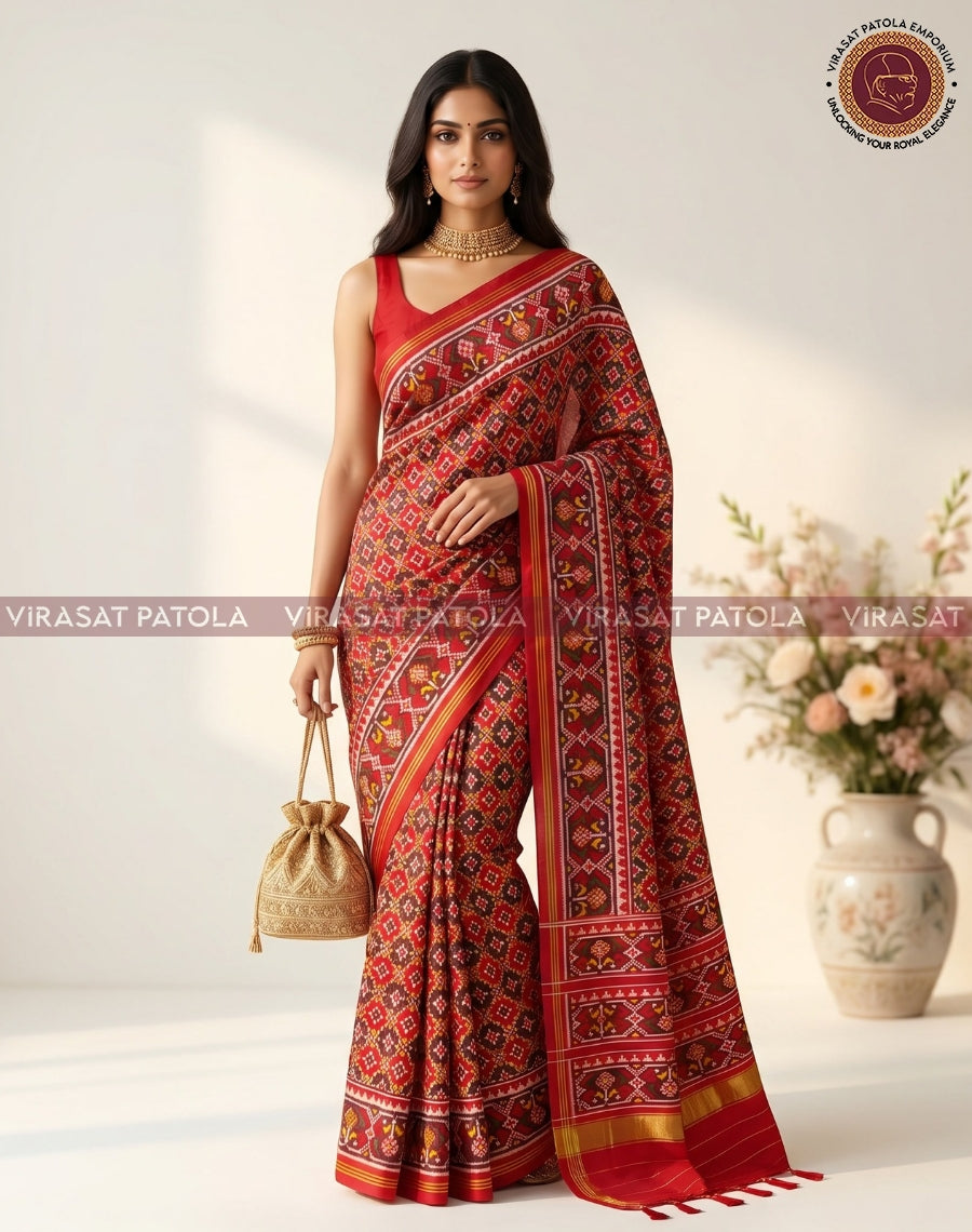 Red patola saree with geometric diamond motifs and gold-trimmed border, standing
