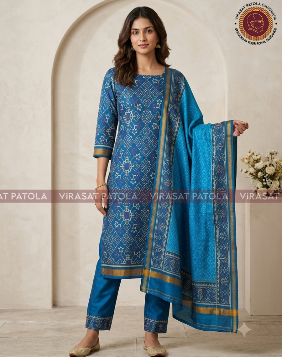3 Piece Blue Manekchowk Patola Dress Material