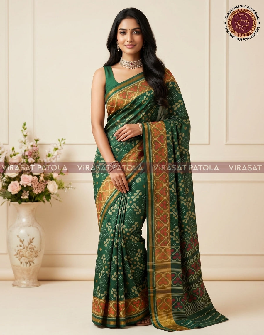 Green patola saree with red-gold jaal style border, allover diamond motifs
