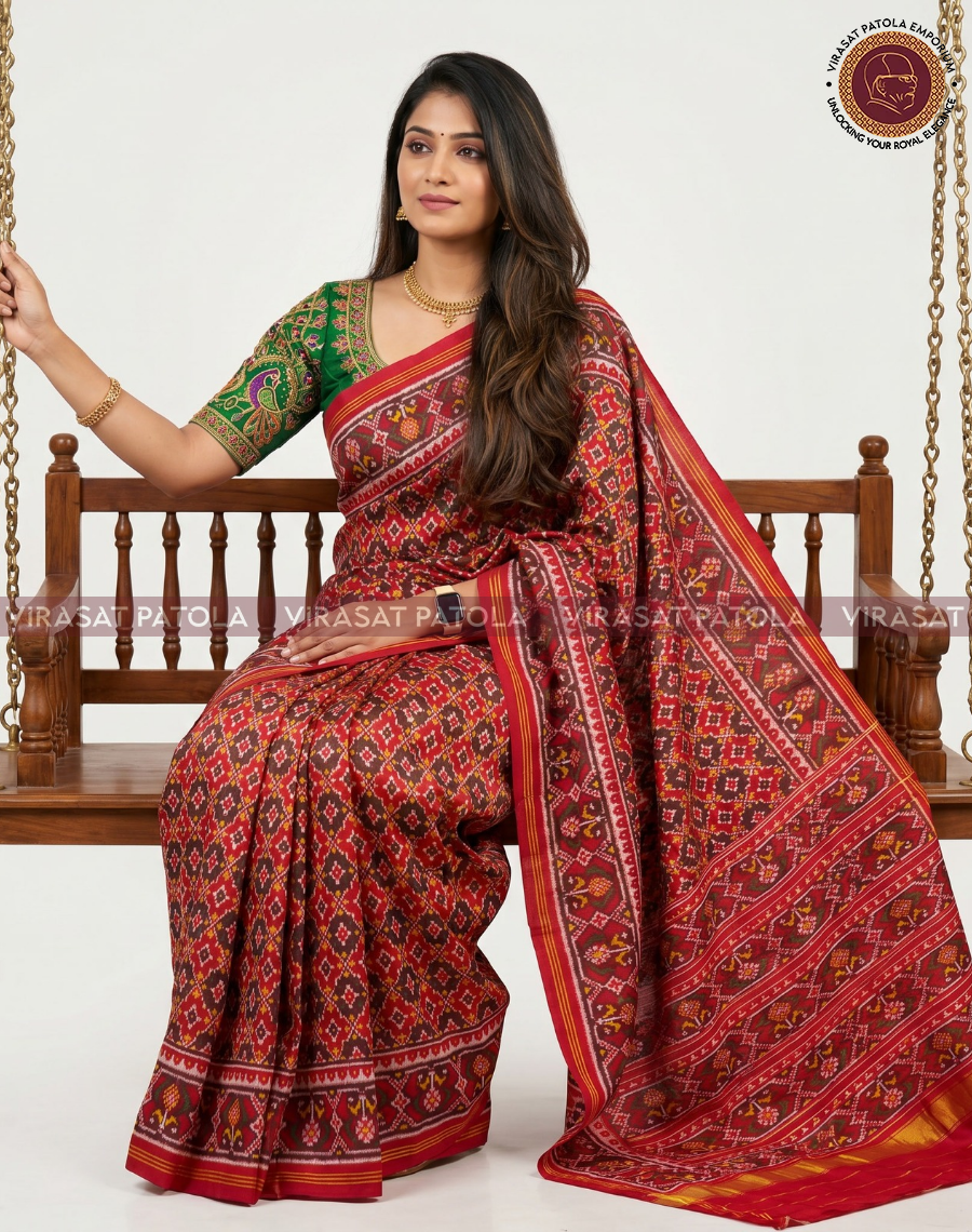 Red patola saree with geometric motifs and wide gold-red pallu border, draped