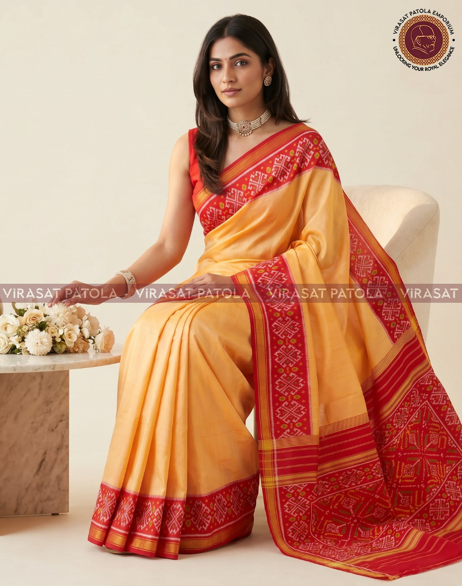 Mustard yellow saree with red and gold border, geometric panel pallu