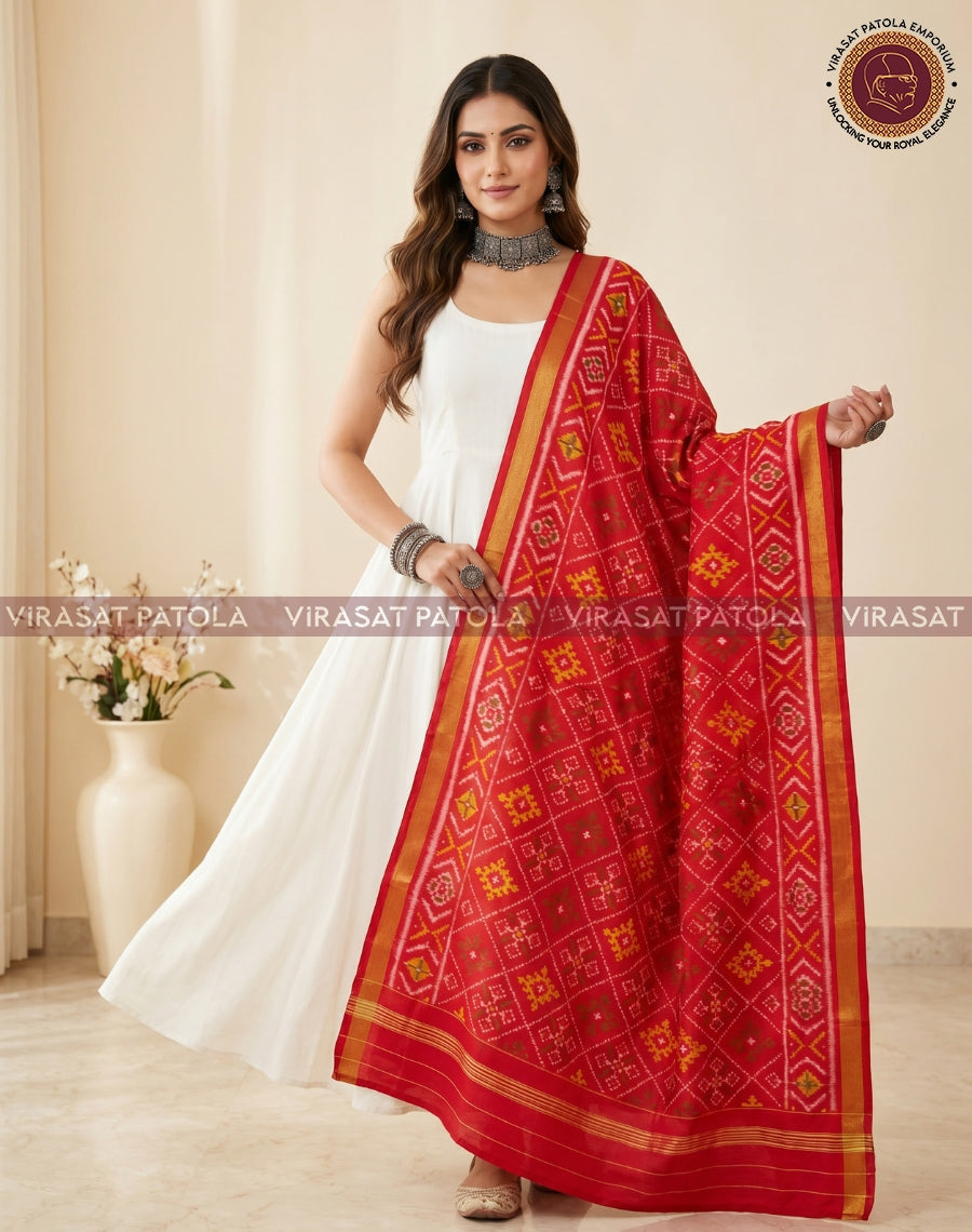 Red patola dupatta showing allover geometric pattern and gold border