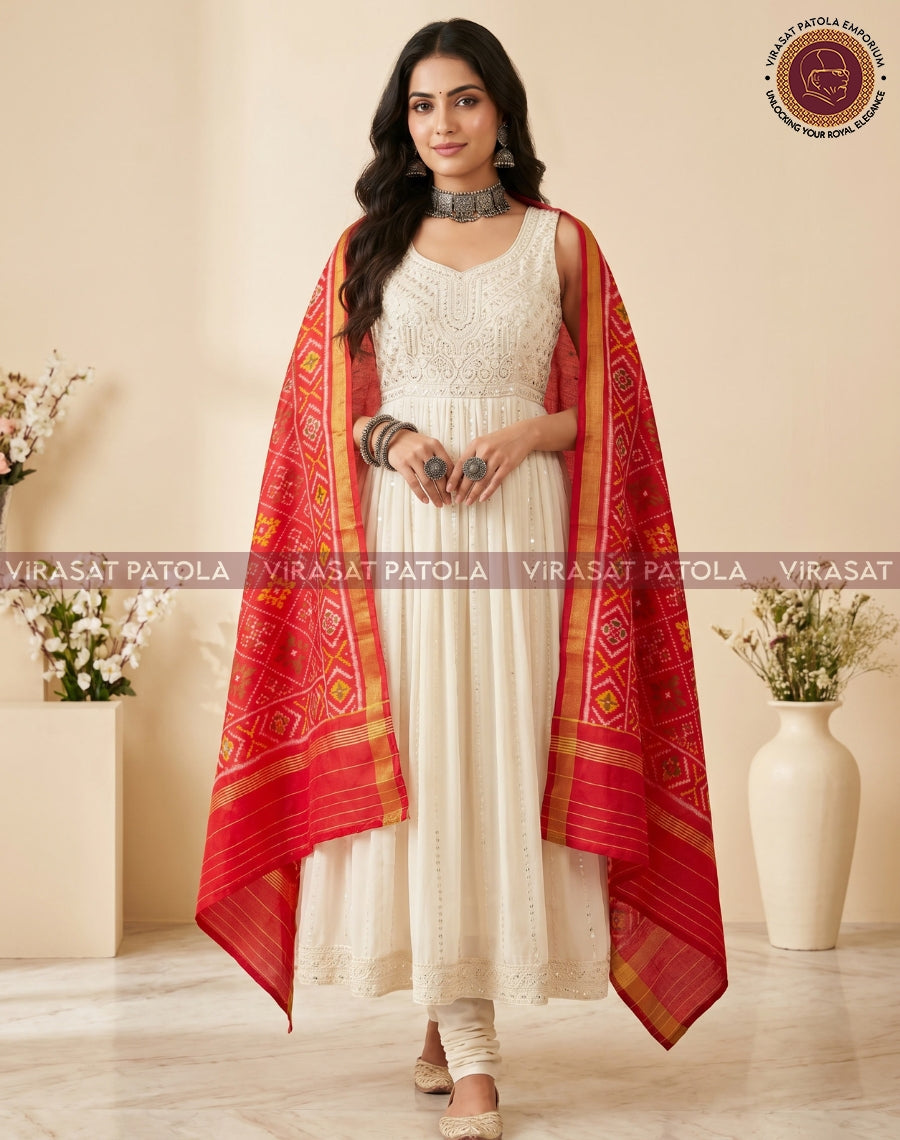 Red patola dupatta with gold border and geometric motif trim