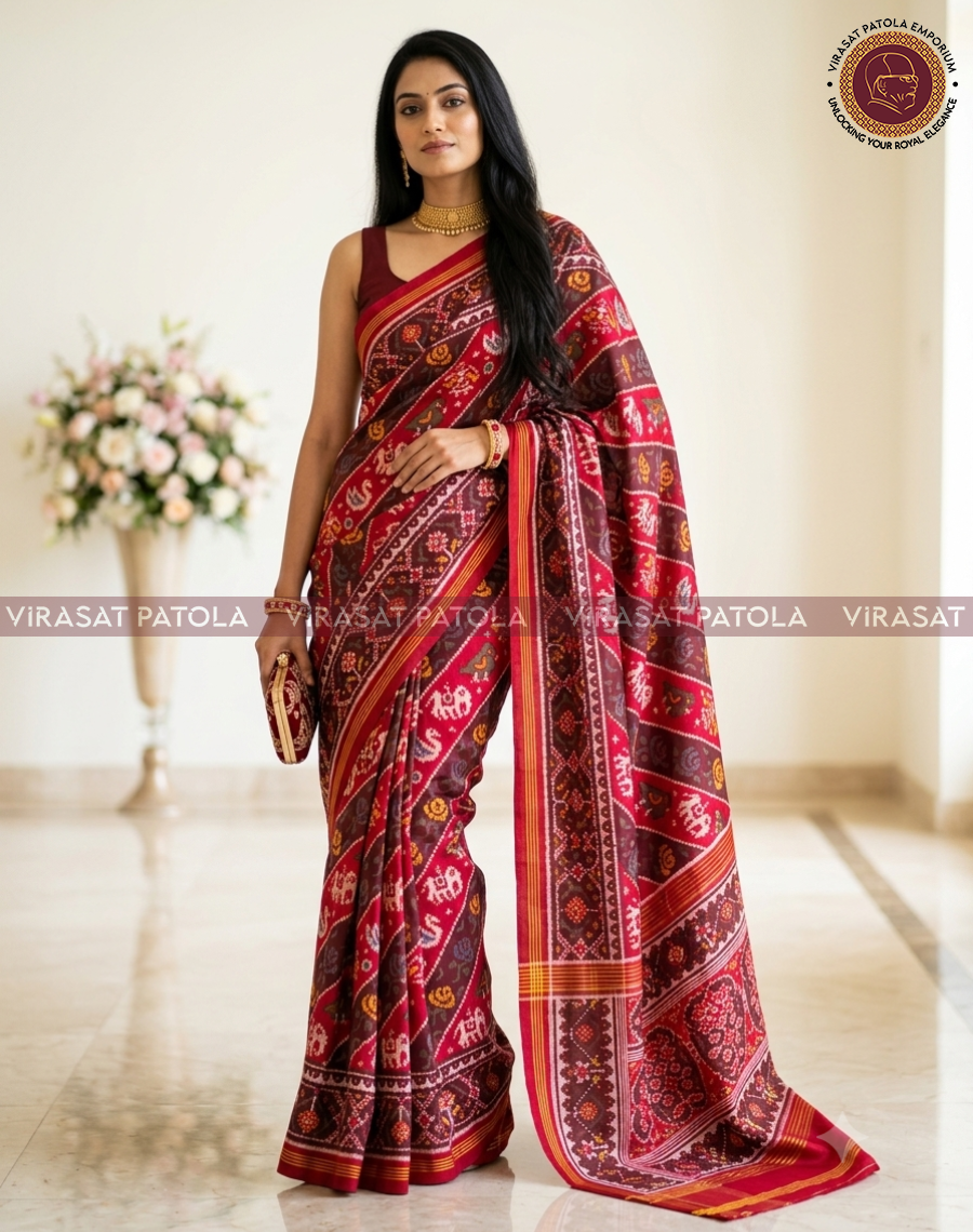 Red patola saree with rose-toned lahariya border and geometric motifs, draped on model