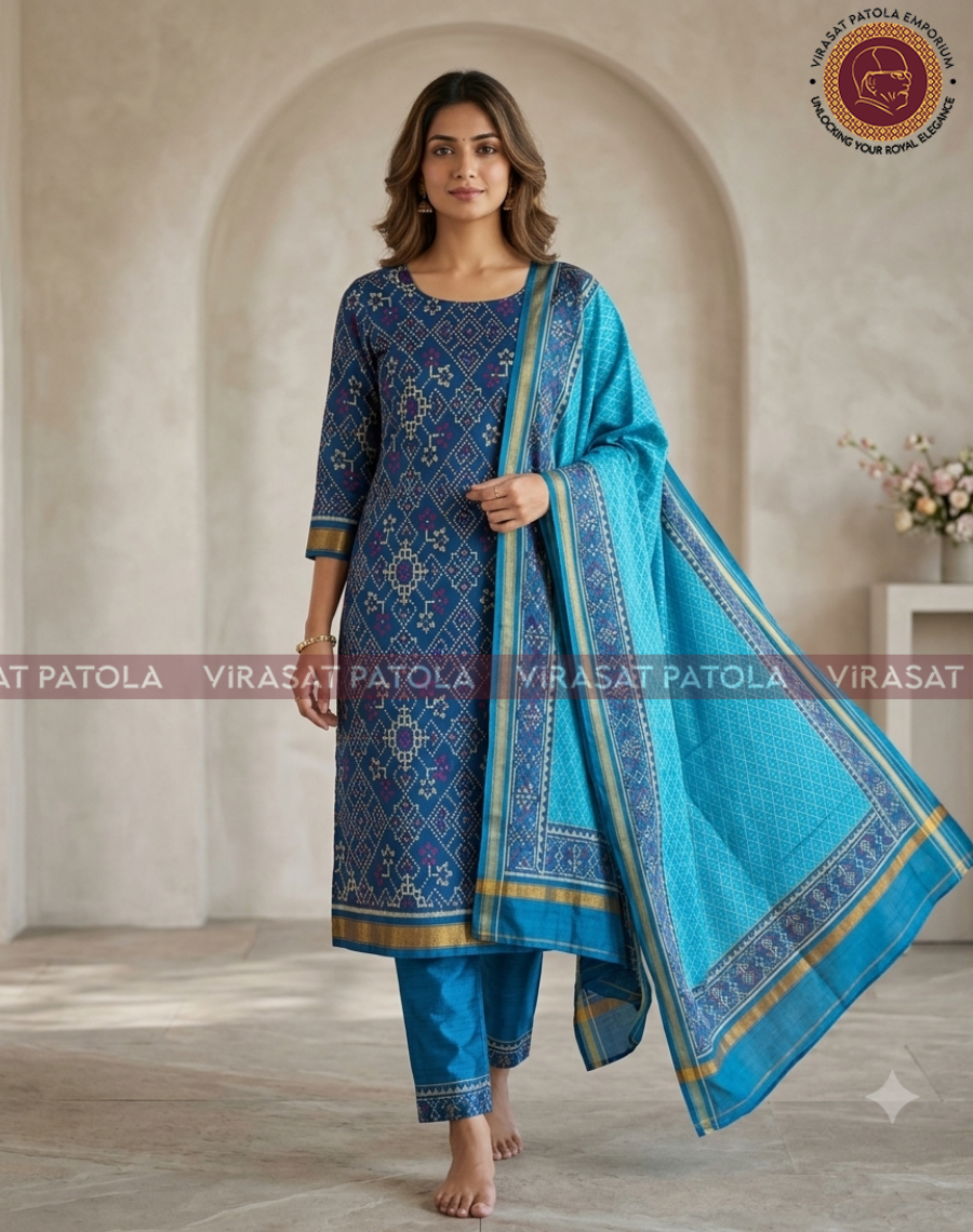 3 Piece Blue Manekchowk Patola Dress Material