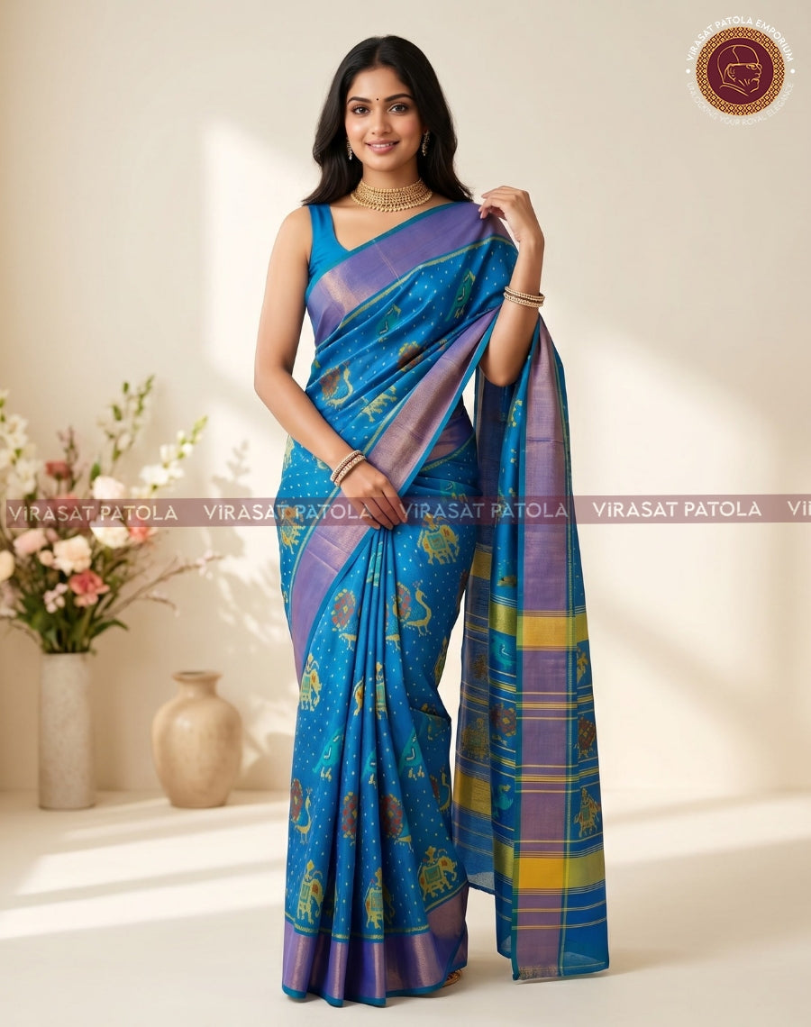 Charcoal blue Narikunjar patola saree with gold motifs, purple-and-gold pallu border